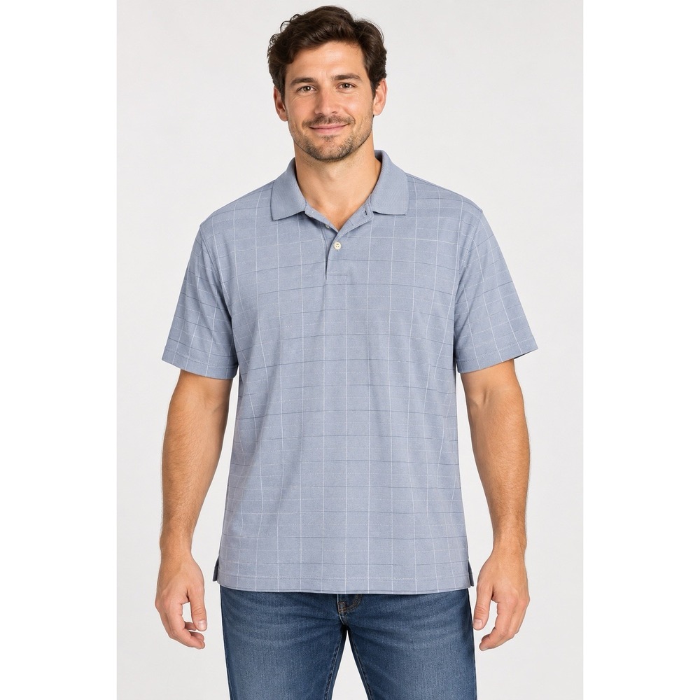 Van Heusen men’s light blue windowpane-check short-sleeve polo shirt, size XL